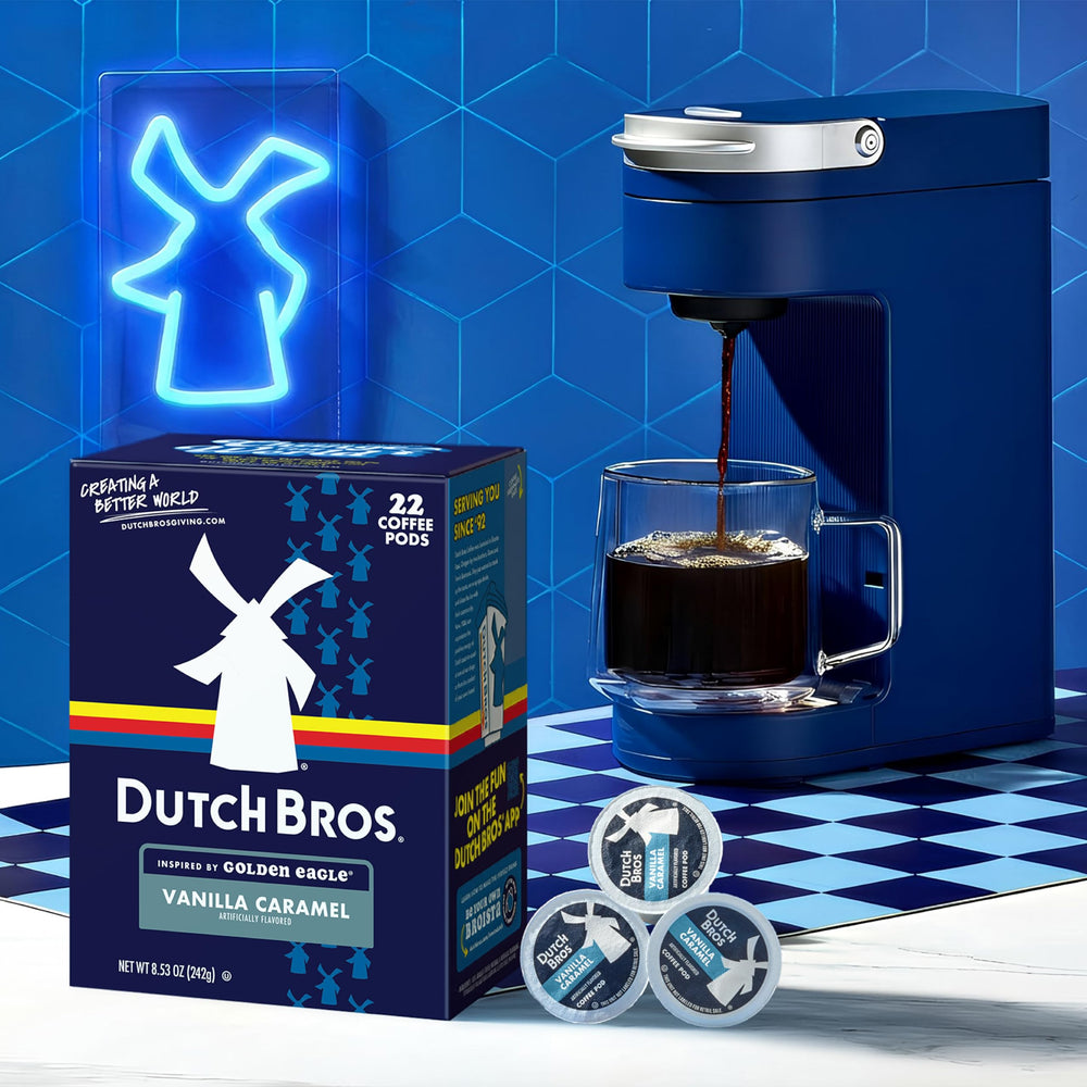 Box of 22 Dutch Bros pods displayed on kitchen counter