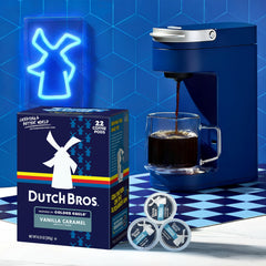 Box of 22 Dutch Bros pods displayed on kitchen counter