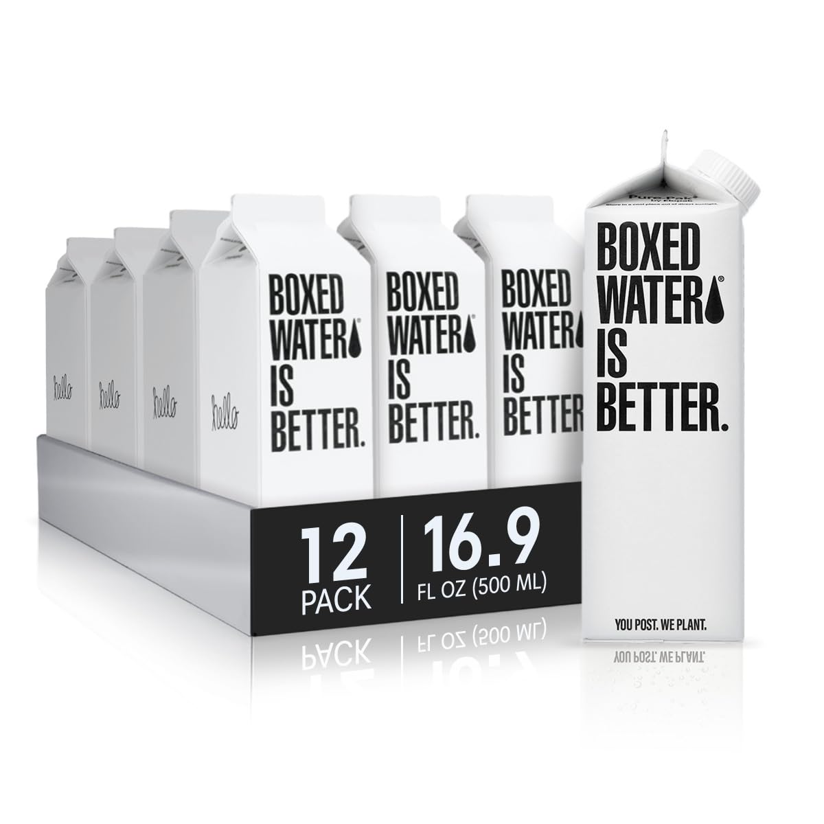 Boxed Water 16.9 oz carton front view, ideal for lunchbox hydration.
