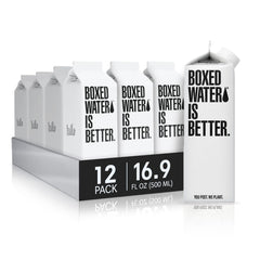 Boxed Water 16.9 oz carton front view, ideal for lunchbox hydration.