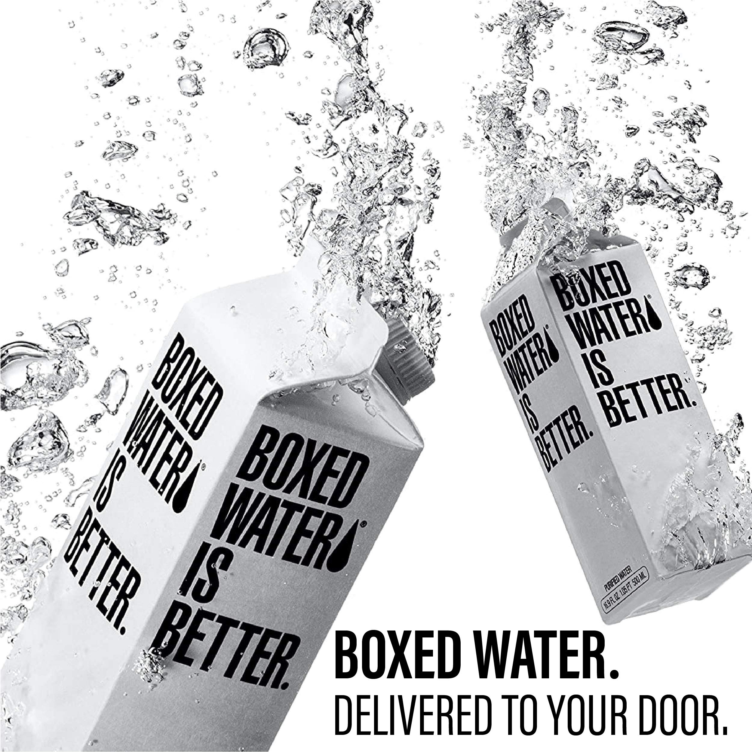 Boxed Water carton in fridge, reusable and space-efficient storage.