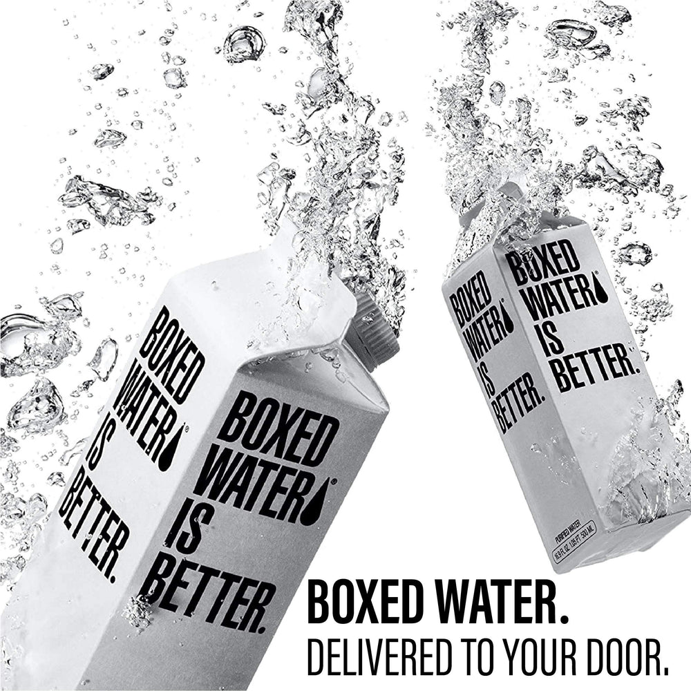 Boxed Water carton in fridge, reusable and space-efficient storage.