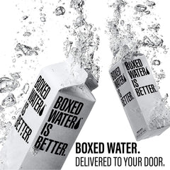 Boxed Water carton in fridge, reusable and space-efficient storage.