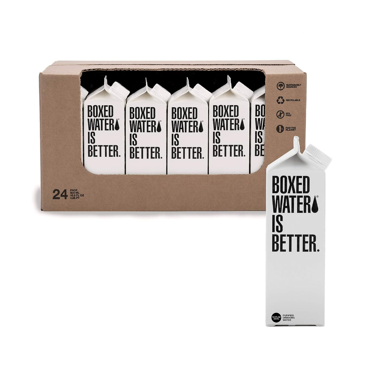 Boxed Water Is Better 16-9 oz bottle front for on-the-go hydration.