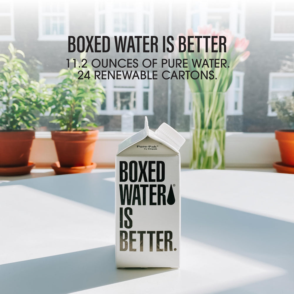 Boxed Water Is Better plant-based carton close-up highlighting sustainable packaging.