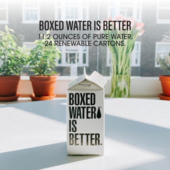Boxed Water Is Better plant-based carton close-up highlighting sustainable packaging.