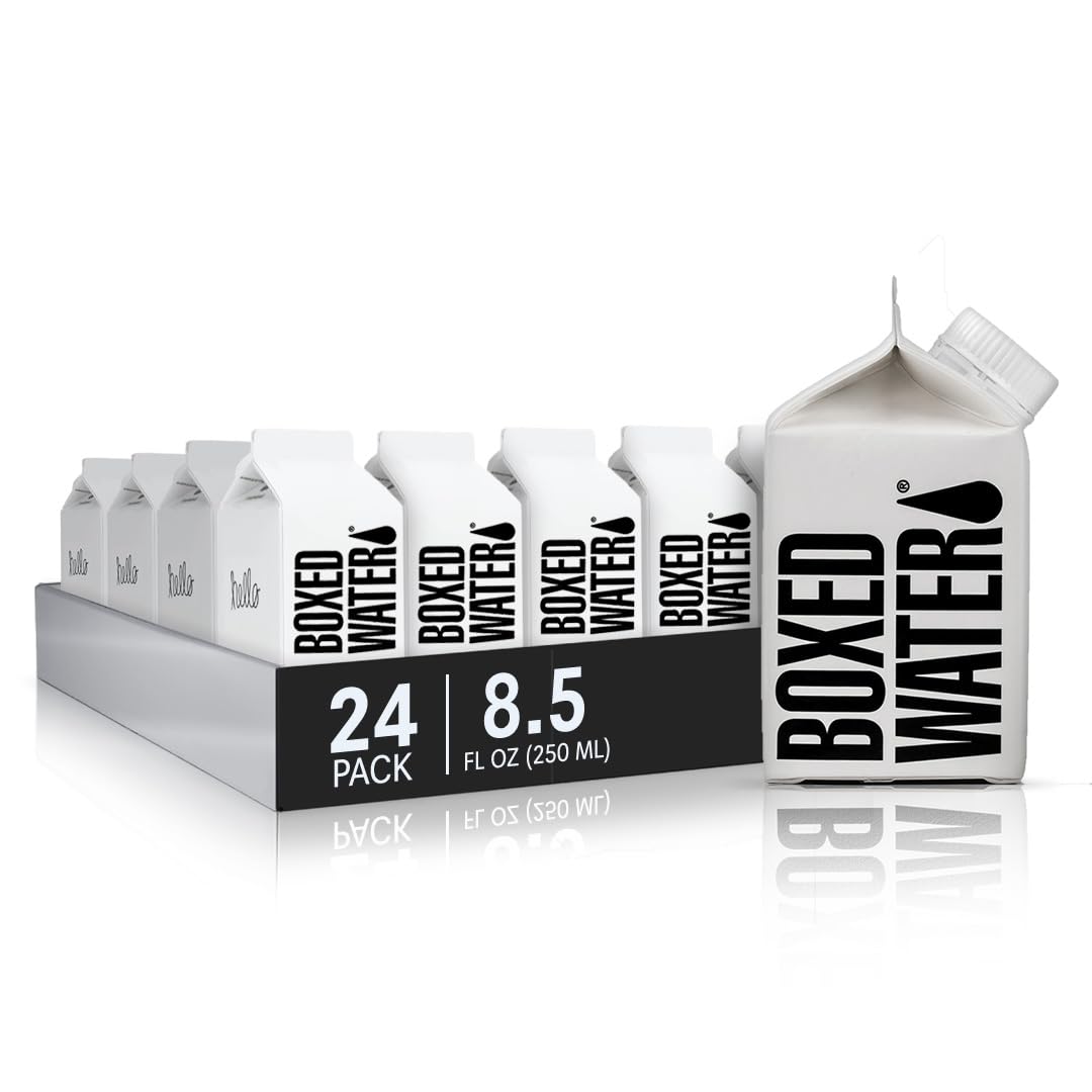 Boxed Water mini 8.5oz pack exterior, lunchbox-ready and portable.