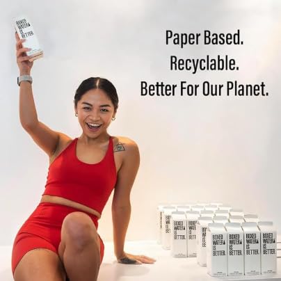 Boxed Water recycling bin scene, emphasizing recyclability and waste reduction.
