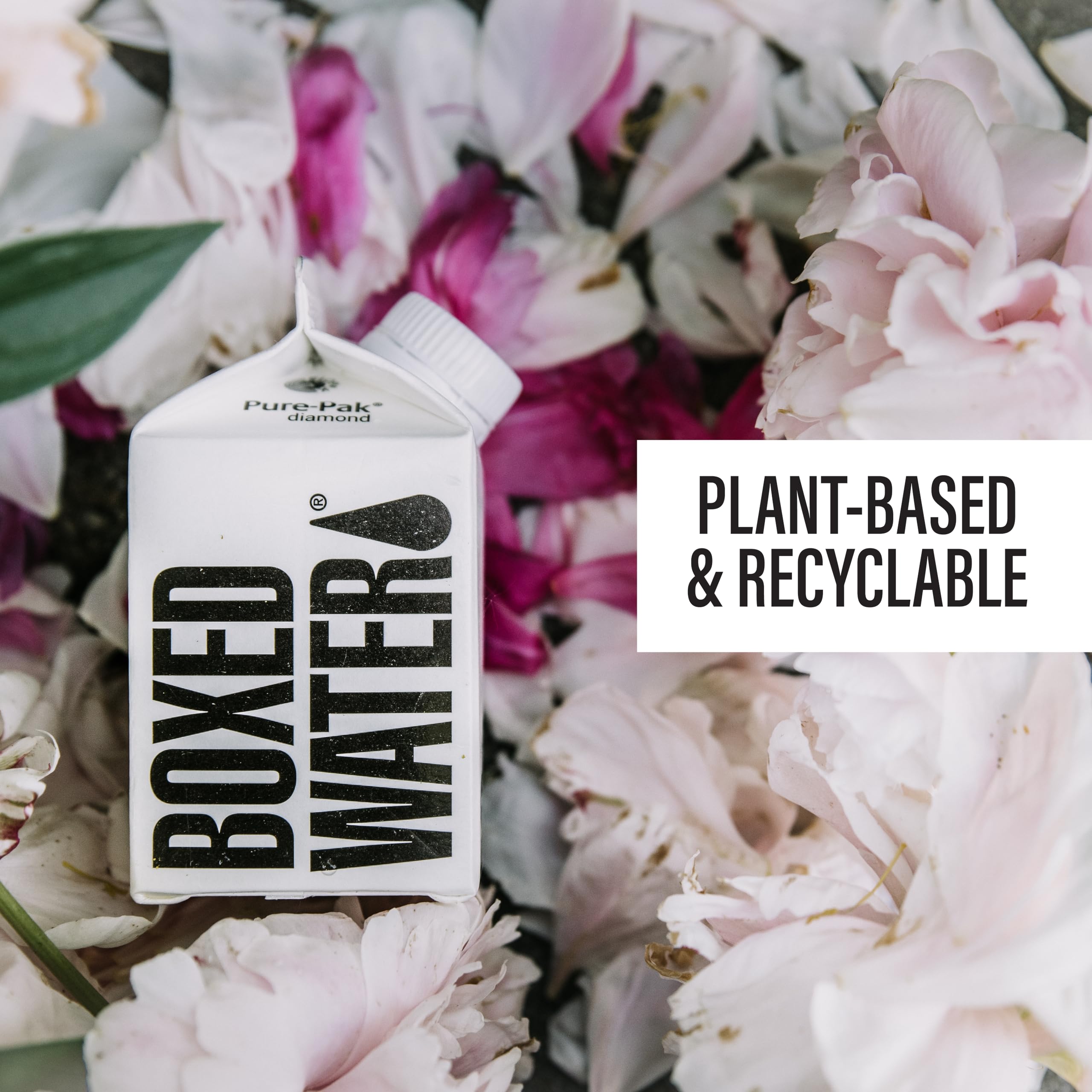 Recycling symbol with Boxed Water packaging shown.