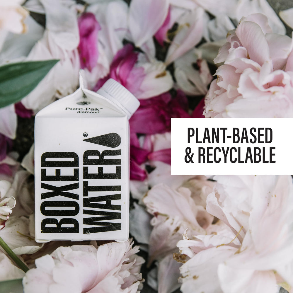 Recycling symbol with Boxed Water packaging shown.