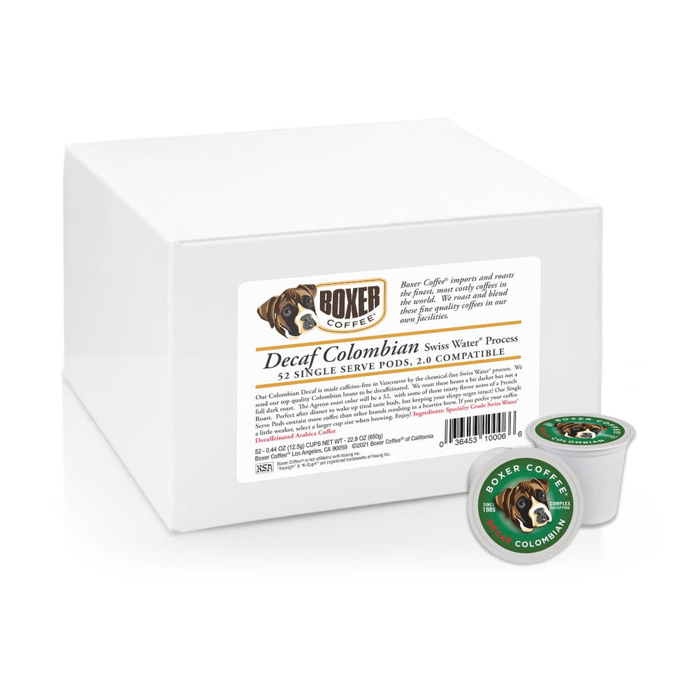 Boxer Coffee decaf pods offering flavorful evenings with convenience.