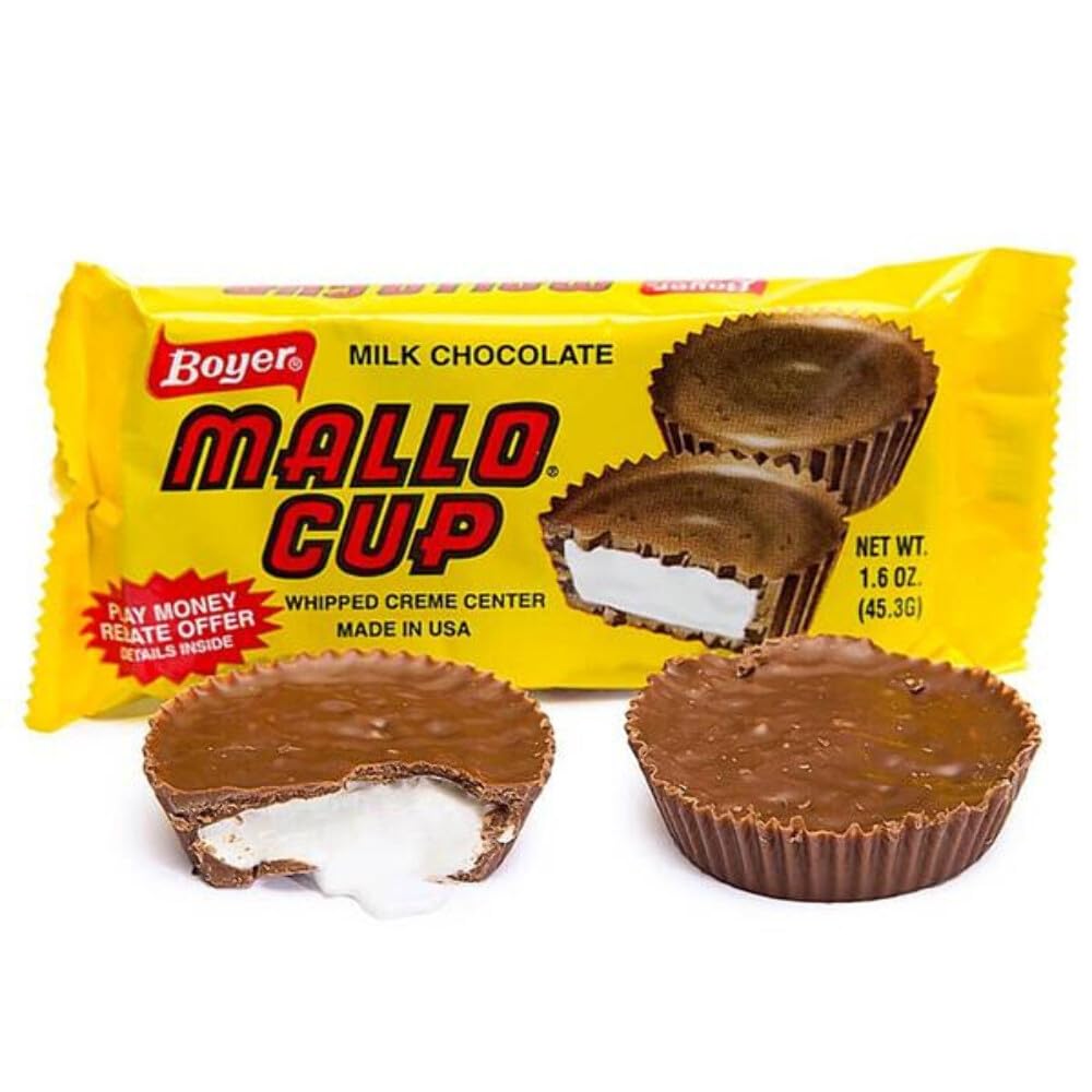 Boyer Mallo Cup 2-pack box: coconut-laced chocolate with marshmallow center, nostalgic treat.