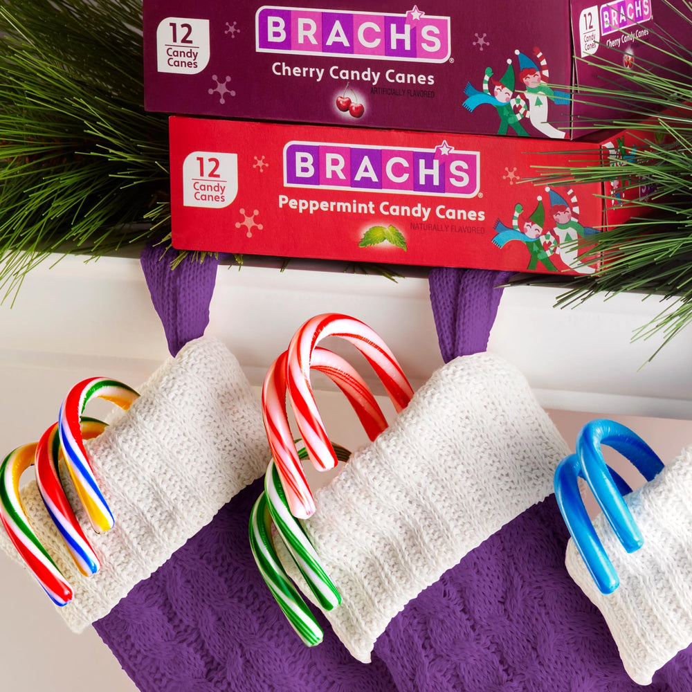 Brach’s Blueberry Candy Canes close-up with blue stripes, tempting to bite.