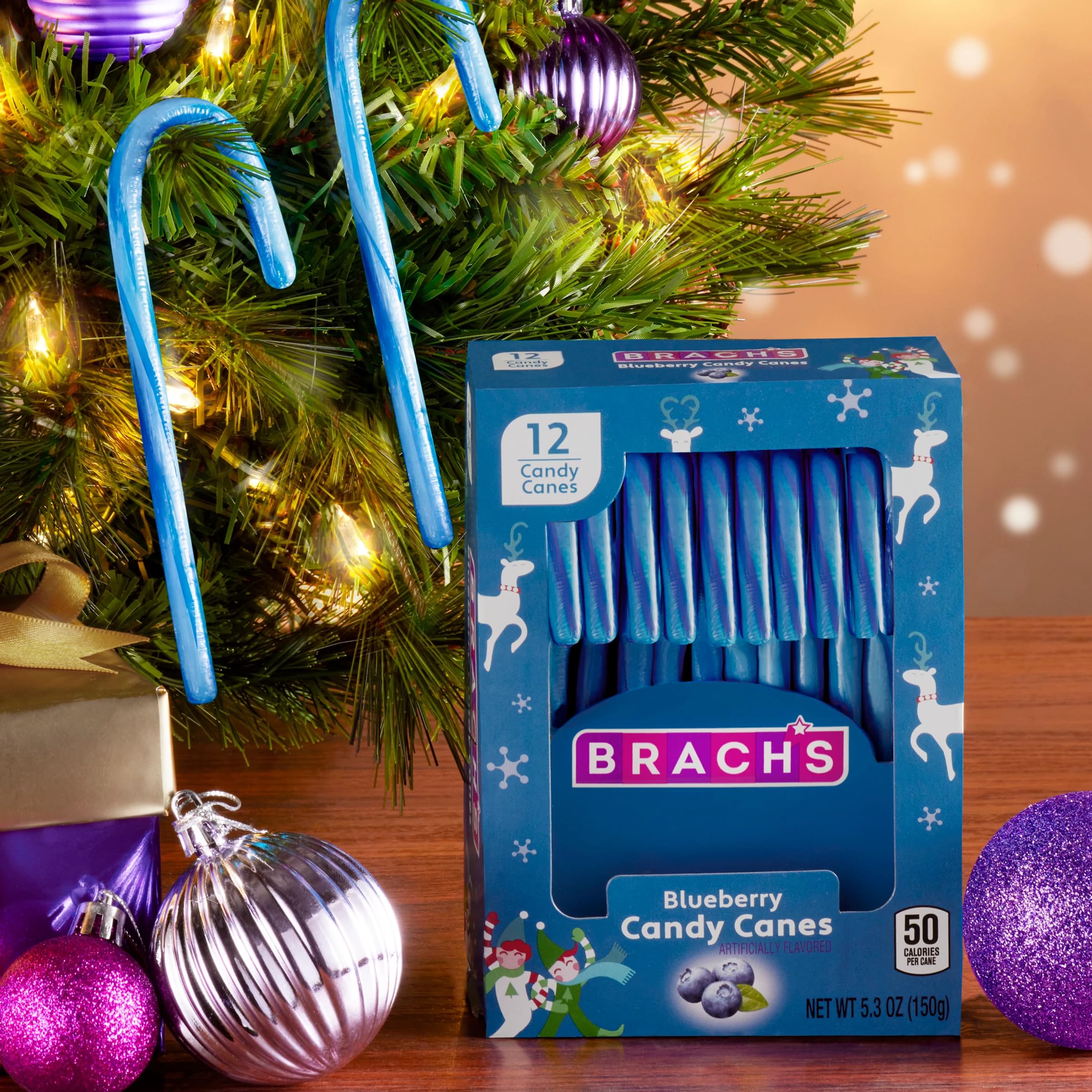 Brach’s Blueberry Candy Canes on the holiday table, bright dessert accents.