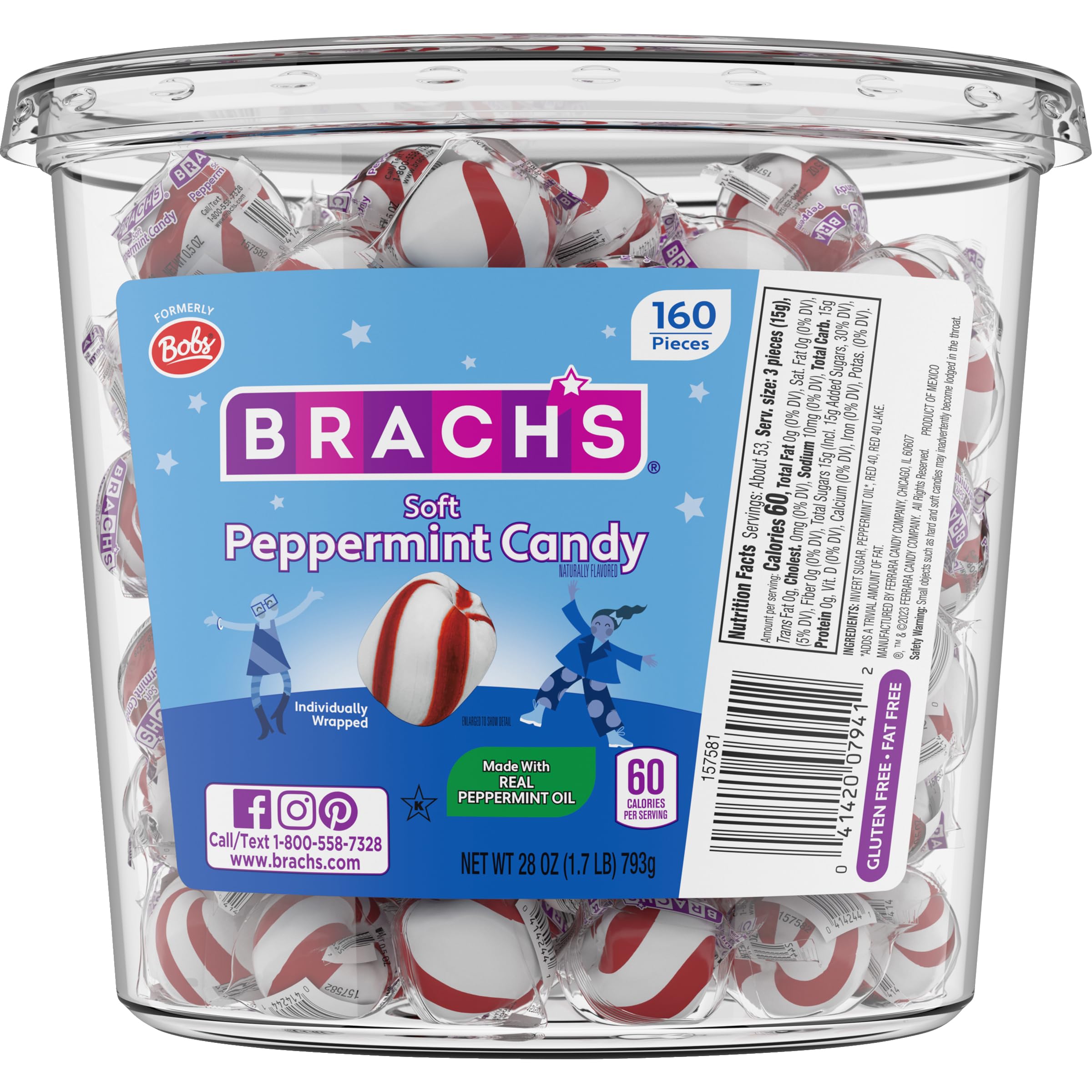 Brach's Bob's Sweet Stripes soft peppermint mints in a jar for sharing