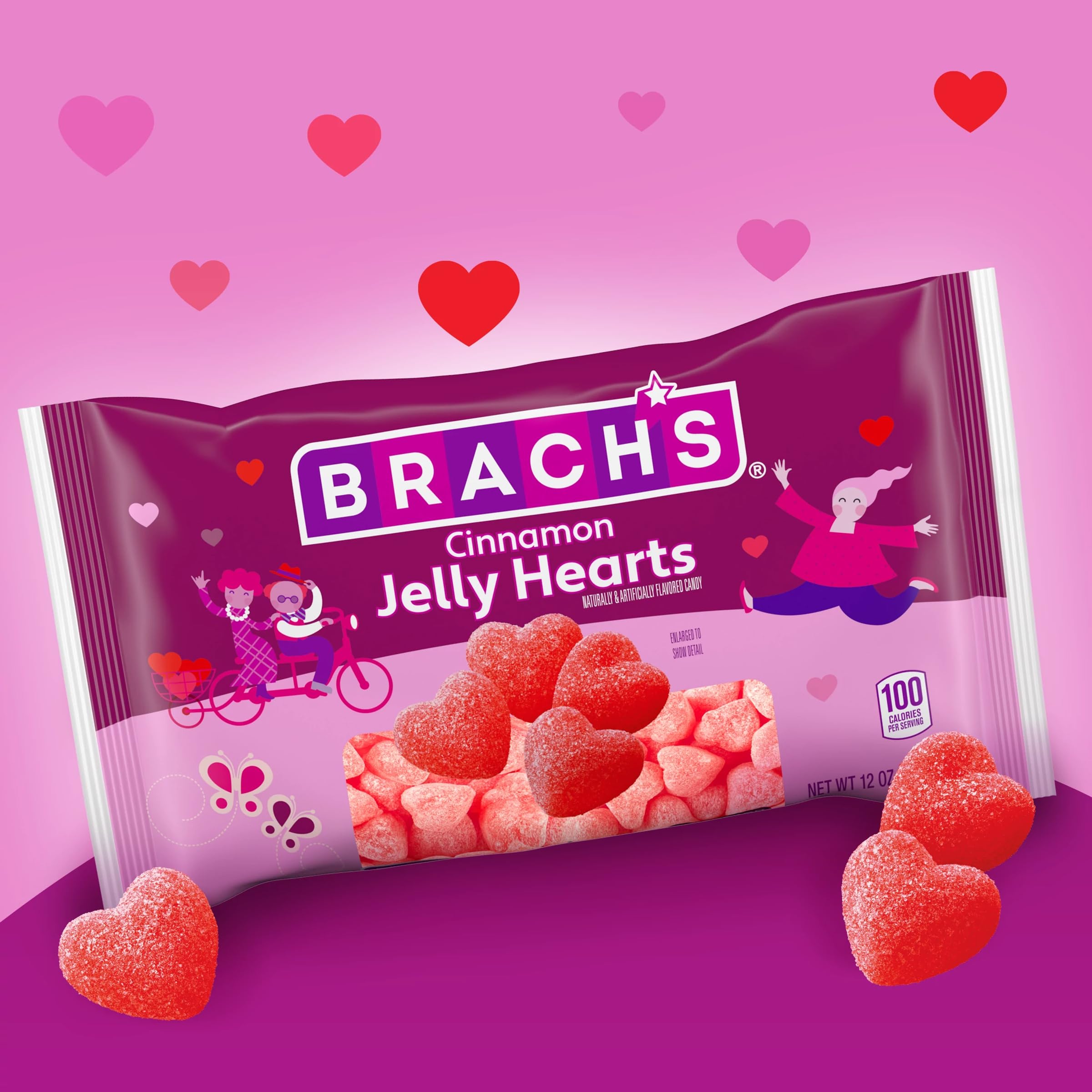 Brach’s Cinnamon Jelly Hearts sugar-coated, offering a spicy-sweet bite-anywhere snack.