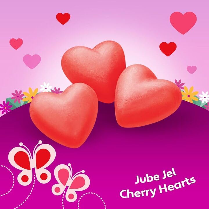 Brach’s Jube Jel Cherry Hearts chewy texture with real fruit juice.