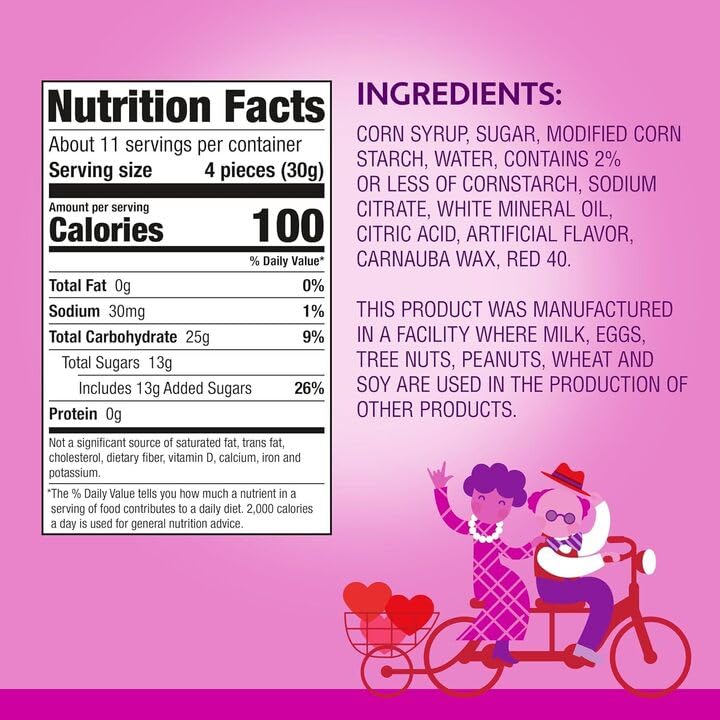 Brach’s Jube Jel Cherry Hearts vibrant red candies with cherry flavor.