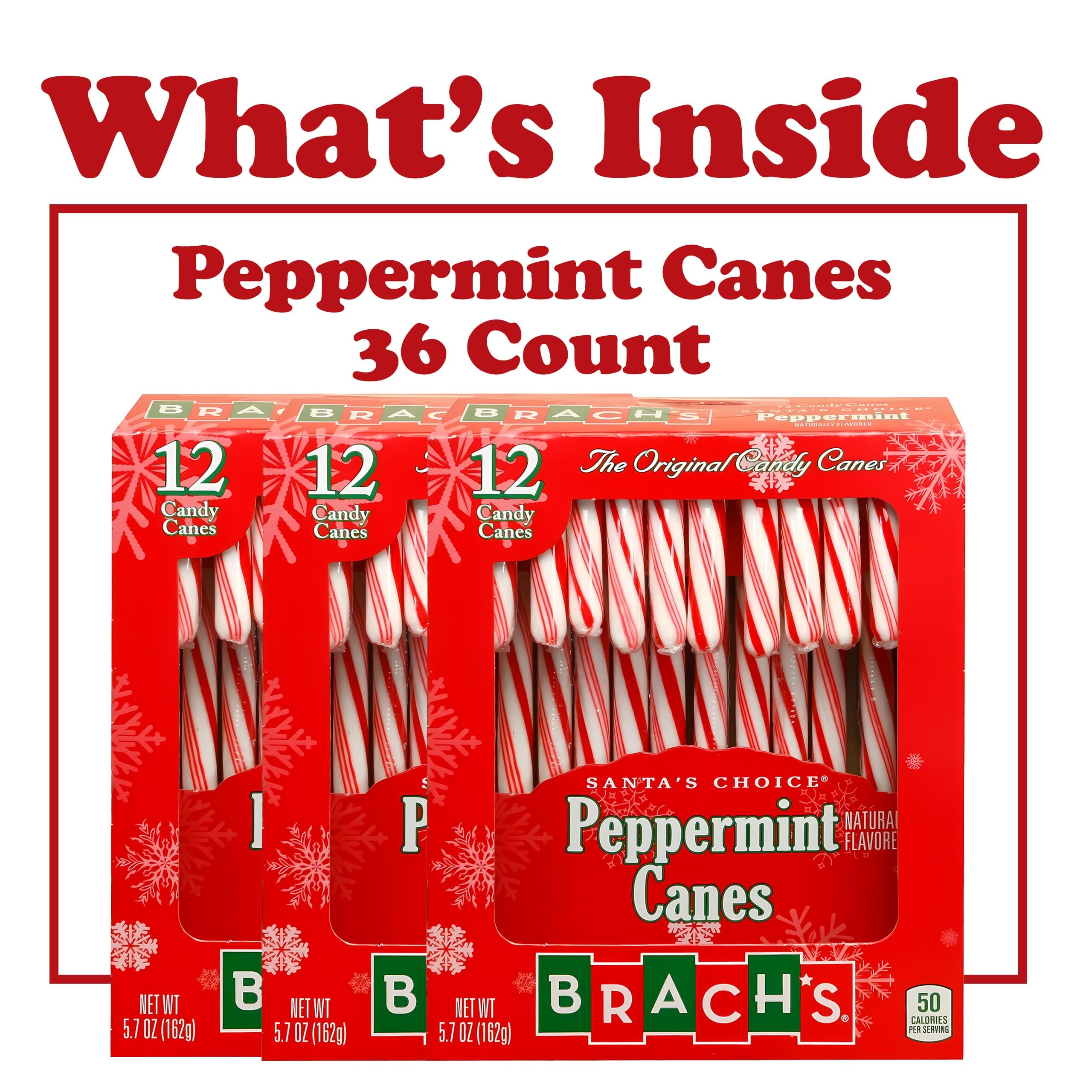 Brach's peppermint candy canes back label shows the three-box set for bulk gifting.