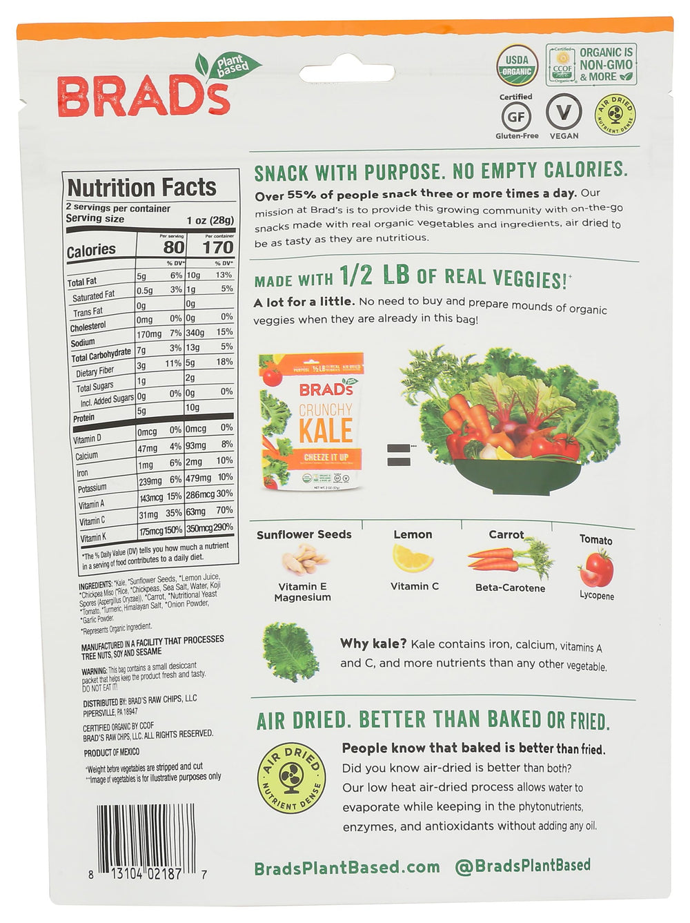 Brad's Plant Based Kale Cheeze It Up Chip closeup crunch highlights savory kale-cheese flavor.