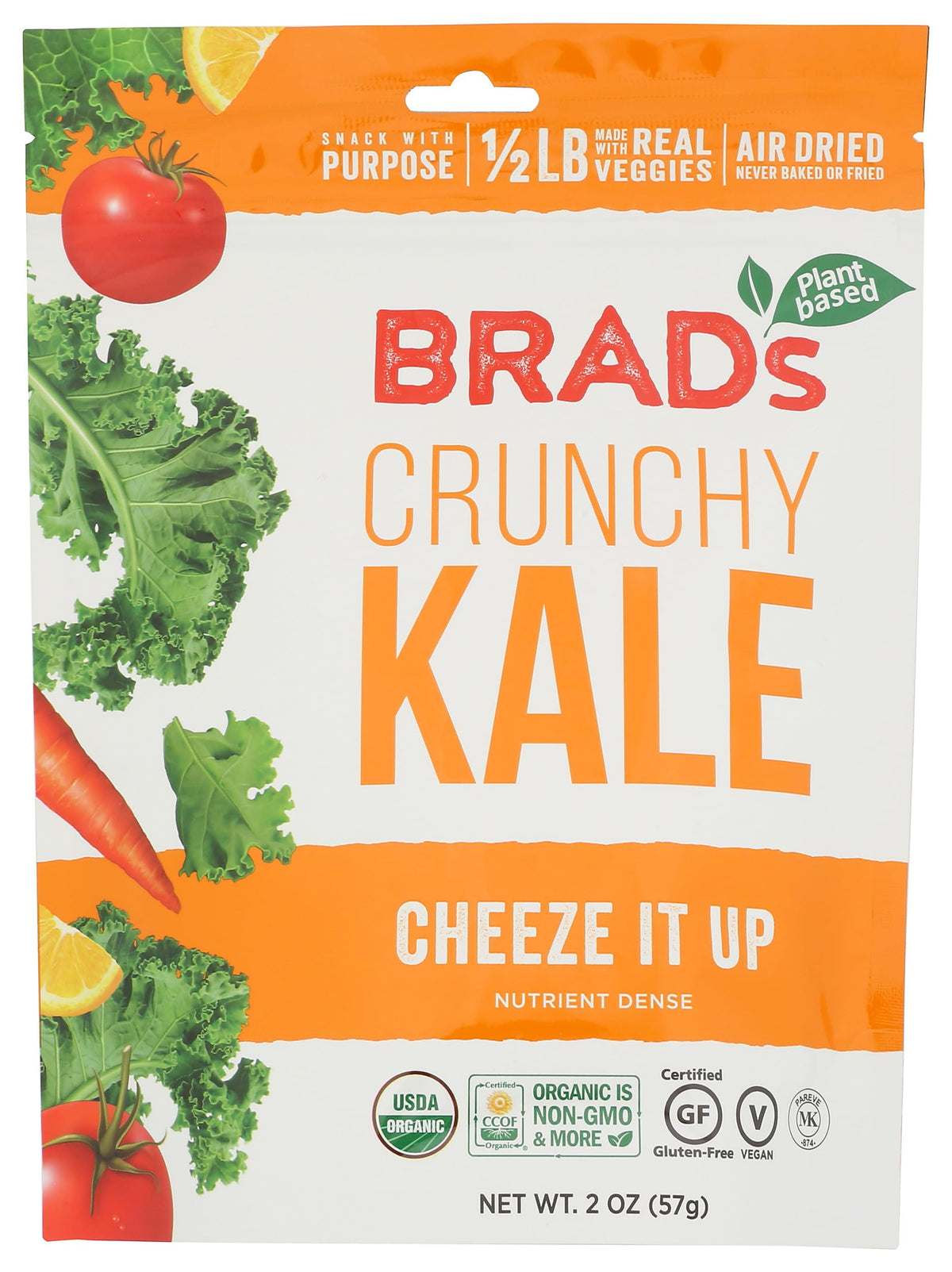 Brad's Plant Based Kale Cheeze It Up Chip pack shot shows portable, dairy-free snacking.