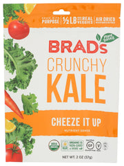 Brad's Plant Based Kale Cheeze It Up Chip pack shot shows portable, dairy-free snacking.