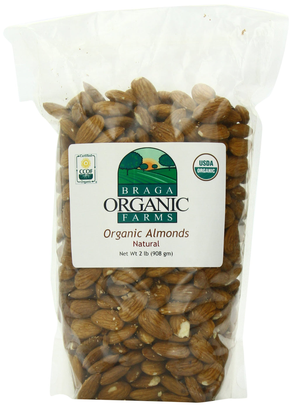 Braga Organic Farms almonds 2lb bag for snacking and baking.