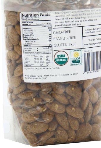 Braga Organic Farms roasted salted almonds closeup, premium quality and aroma