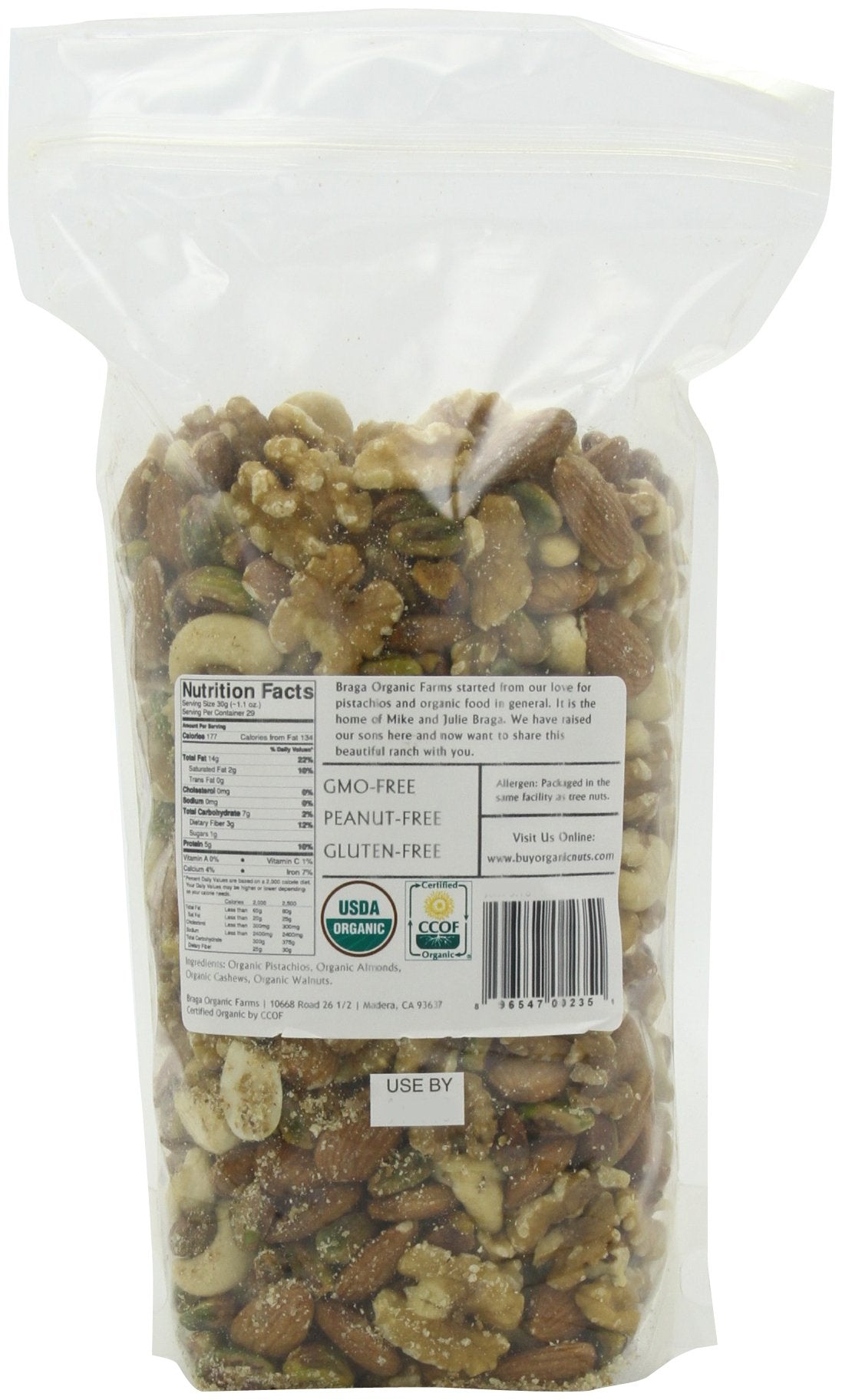 Braga Organic Farms Nut Mix 2 lb bag close-up highlighting raw nuts for versatile use.