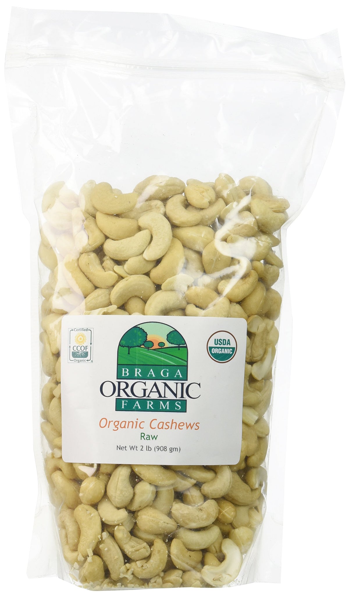 Braga Organic Farms organic raw cashews in a 2-lb bag, ideal for snacking and cooking.