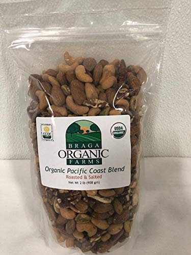 Braga Organic Farms Pacific Coast Blend packaging with roasted, salted nuts.