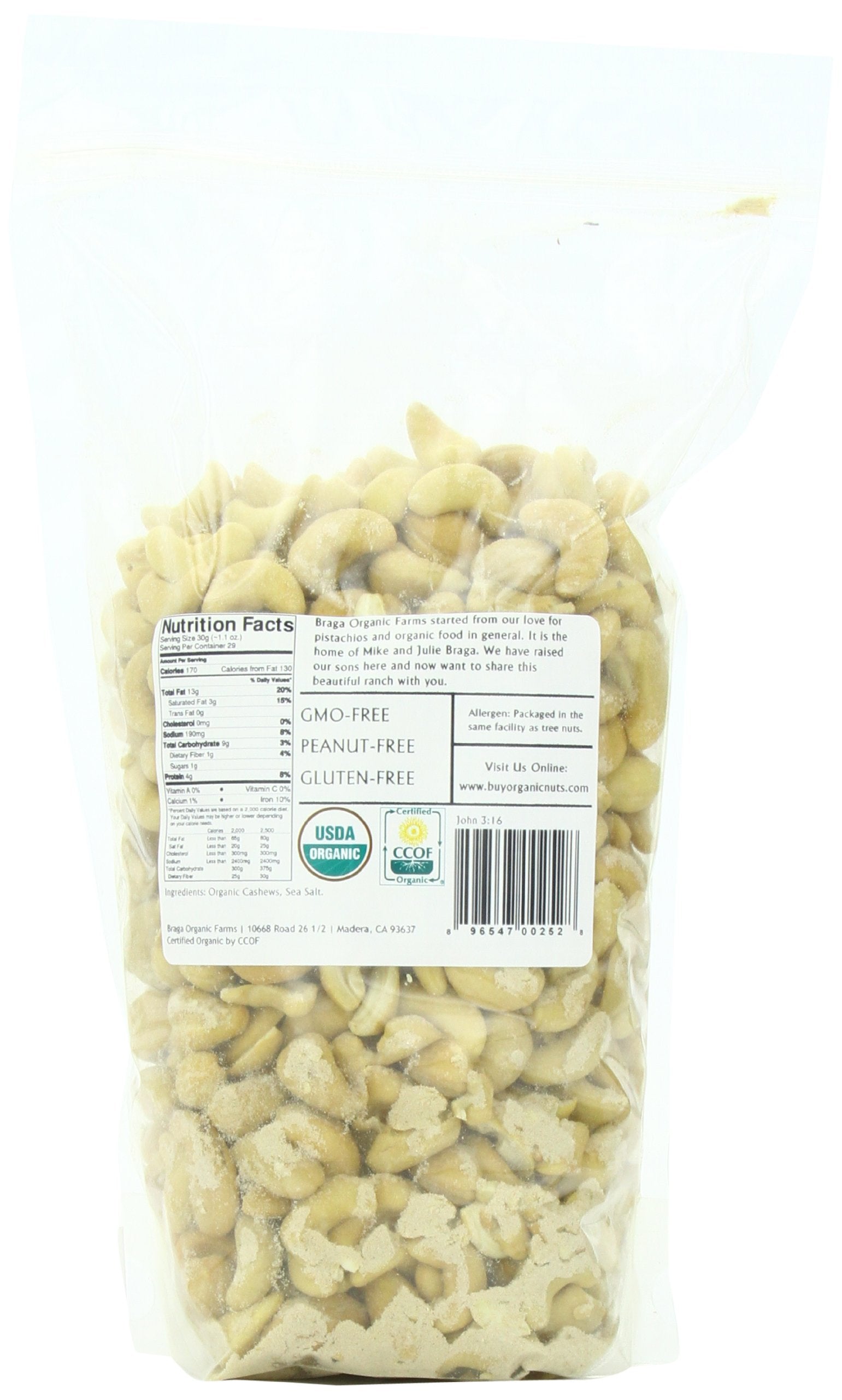 Braga Organic Farms packaging shows organic high-quality cashews.
