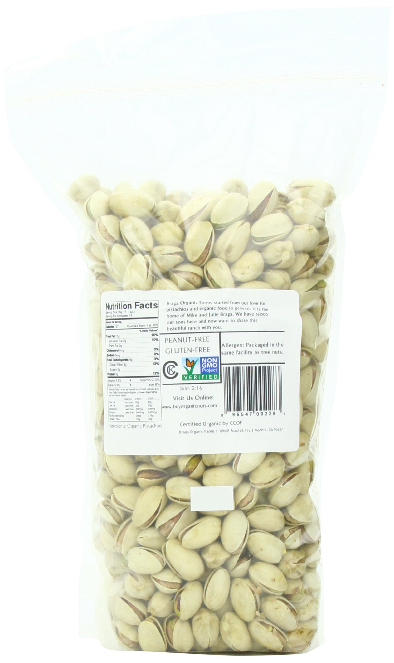 Braga Organic Farms pistachios in-shell close-up highlighting natural shells and fresh flavor.