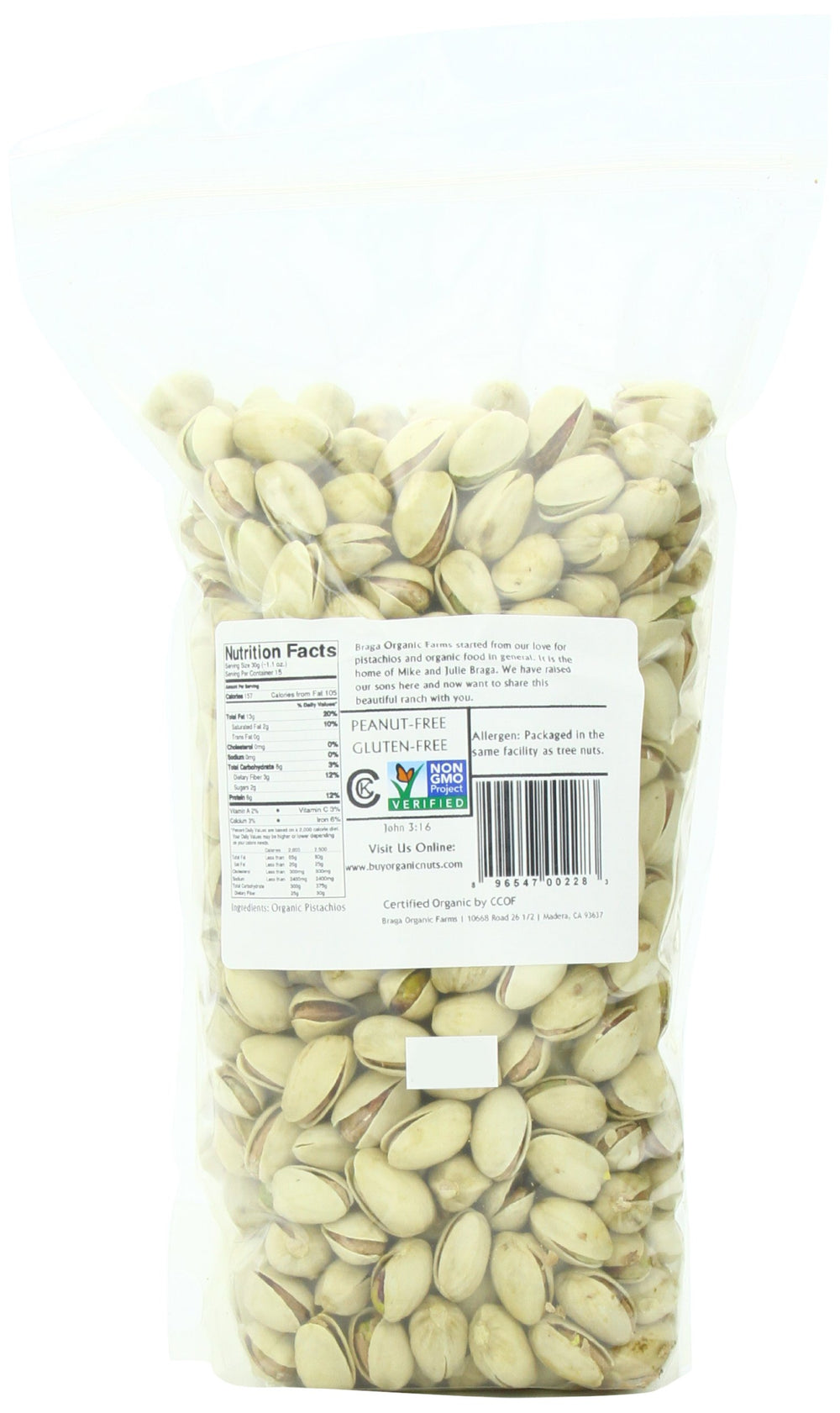 Braga Organic Farms pistachios in-shell close-up highlighting natural shells and fresh flavor.
