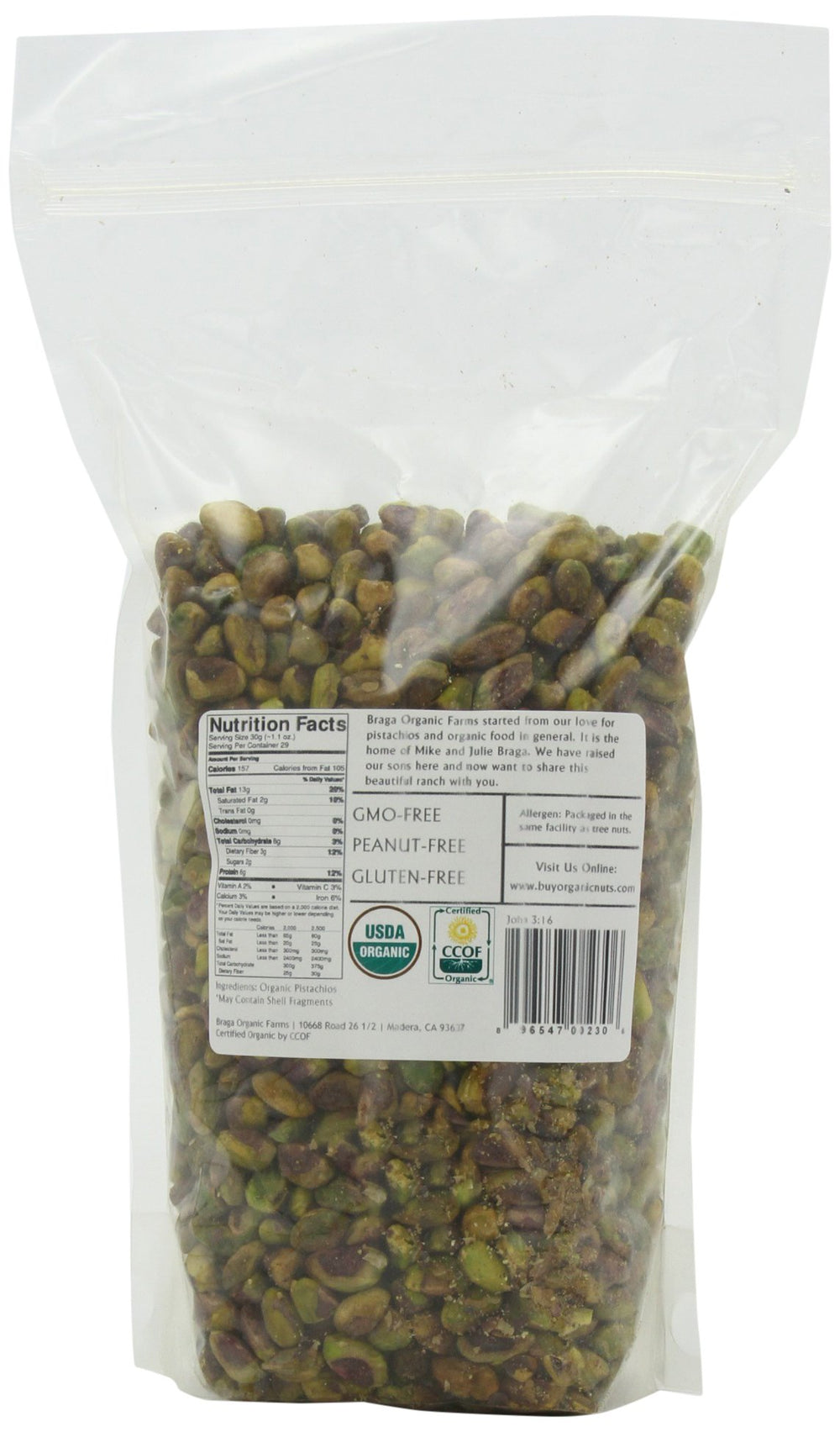 Braga Organic Farms pistachios kernel closeup showcases vibrant kernels ready for roasting or topping.