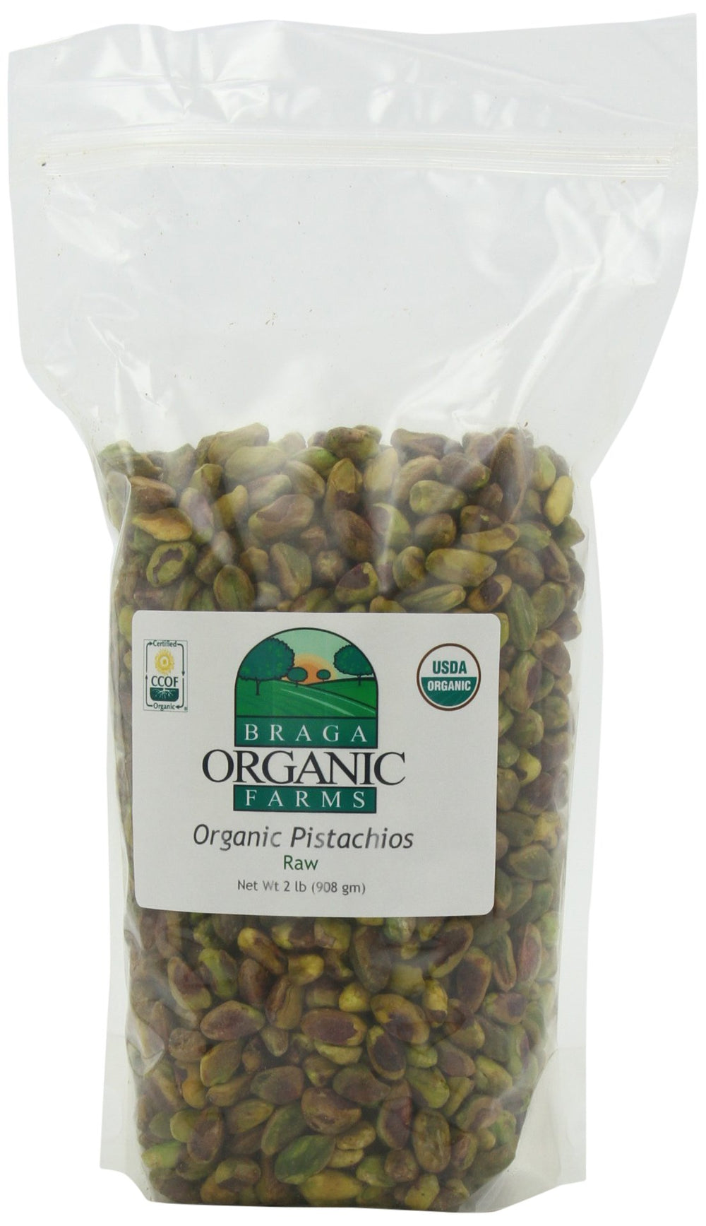 Braga Organic Farms pistachios in a raw 2 lb bag, perfect for snacking and meal prep.