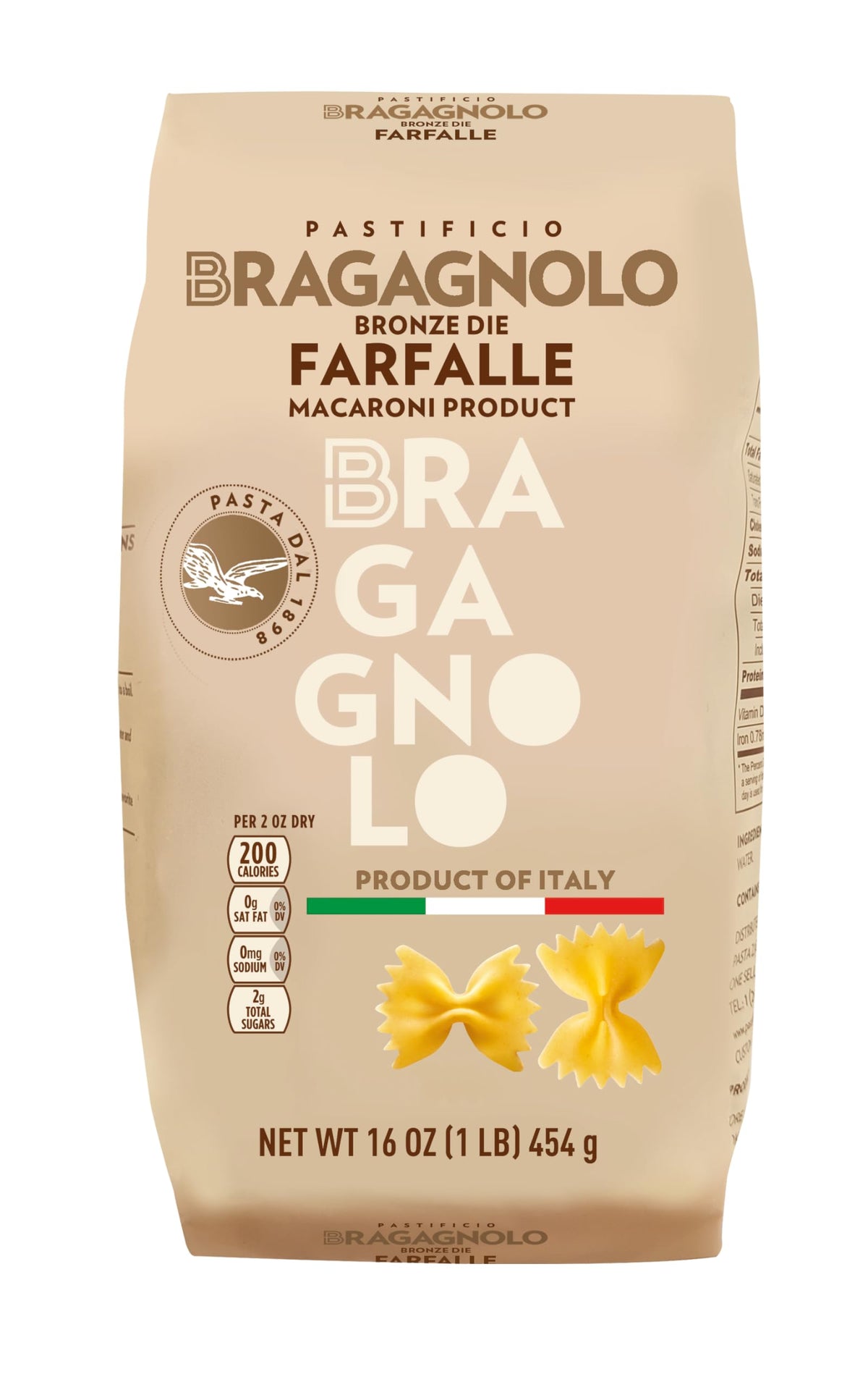 Bragagnolo Farfalle 831 bronze-drawn pasta with rough surface ideal for sauces.