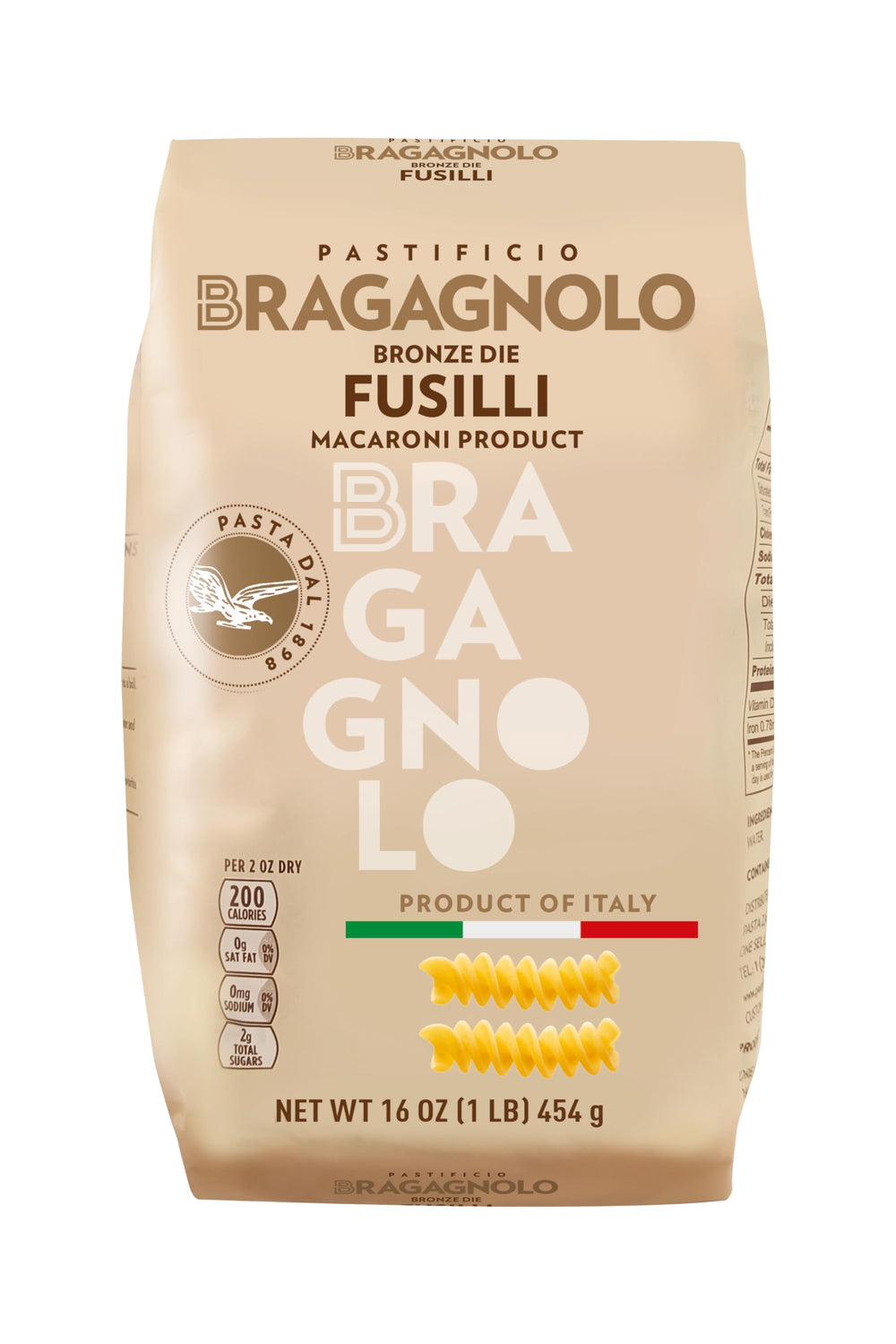 Bragagnolo Fusilli 857 bronze-drawn packaging highlights authentic pasta for sauces.