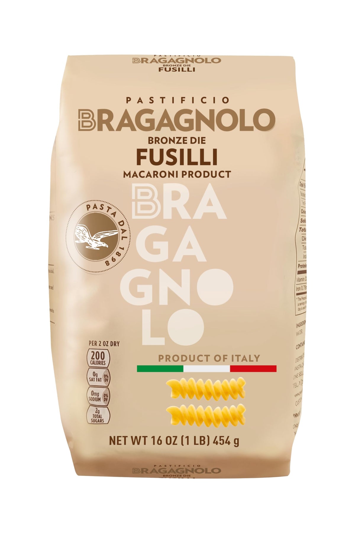 Bragagnolo Fusilli 857 bronze-drawn packaging highlights authentic pasta for sauces.