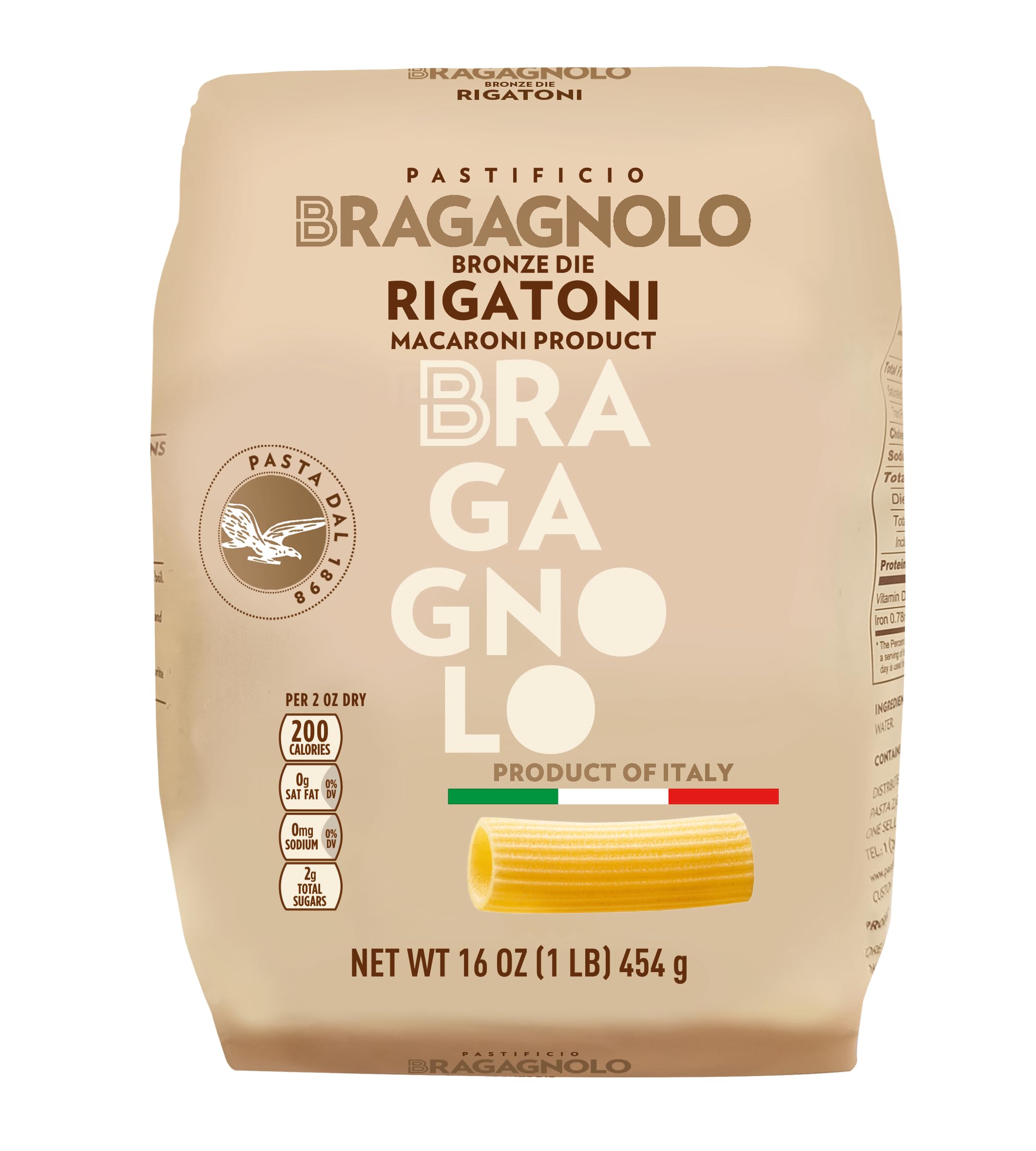 Bragagnolo Rigatoni 843 bronze-drawn packaging shows premium pasta ready for sauce.