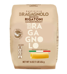 Bragagnolo Rigatoni 843 bronze-drawn packaging shows premium pasta ready for sauce.
