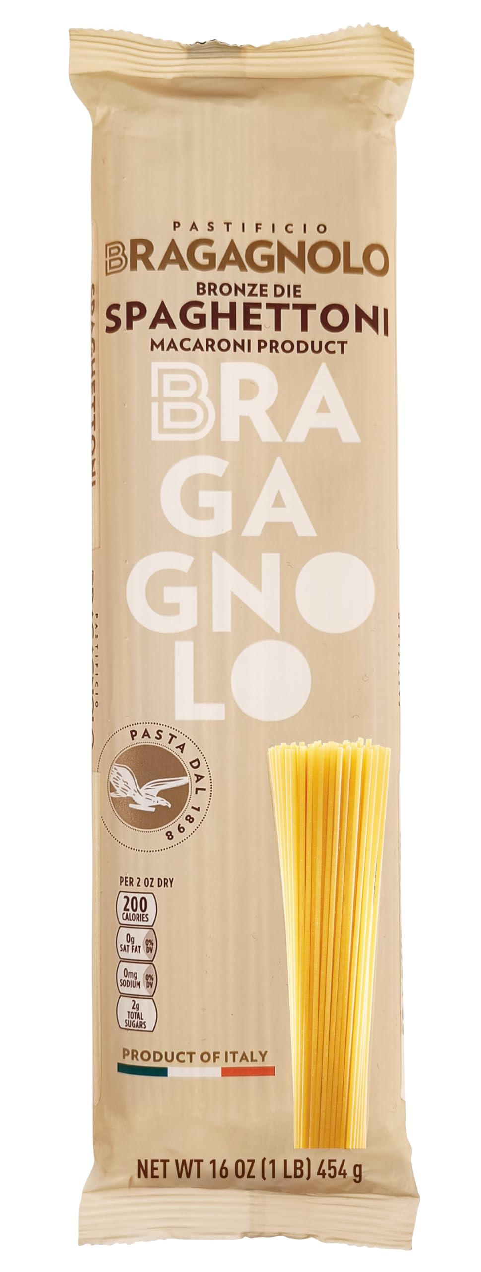 Bragagnolo Spaghettoni 805 bronze-drawn pasta packaging highlights authentic Italian craft.