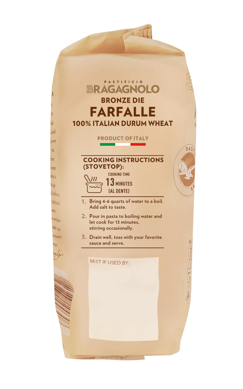 Bragagnolo pasta made with Dolomites water emphasizes natural ingredients and purity.