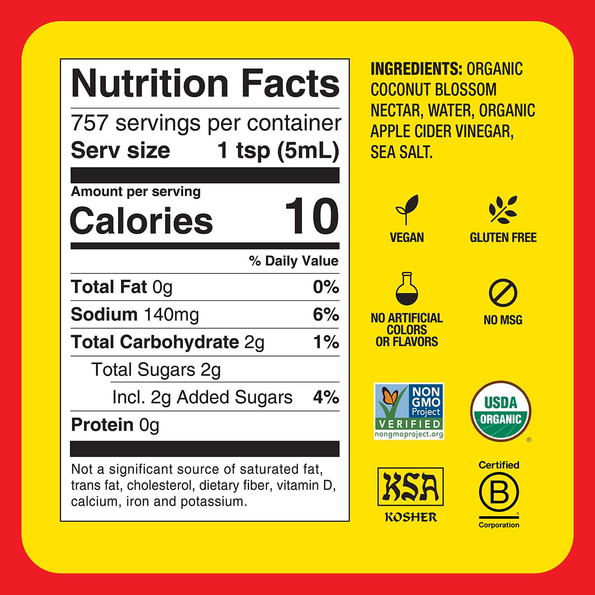 Close-up of Bragg Coconut Aminos label, highlighting organic and non-GMO credentials.