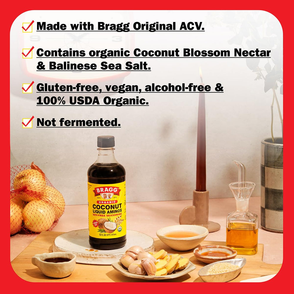 Marinade bowl with Bragg Coconut Aminos, ideal for meat or tofu.