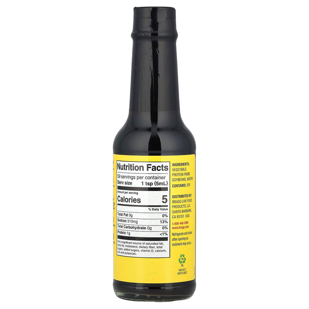 Bragg Liquid Aminos bottle front view showcases versatile all-purpose seasoning.