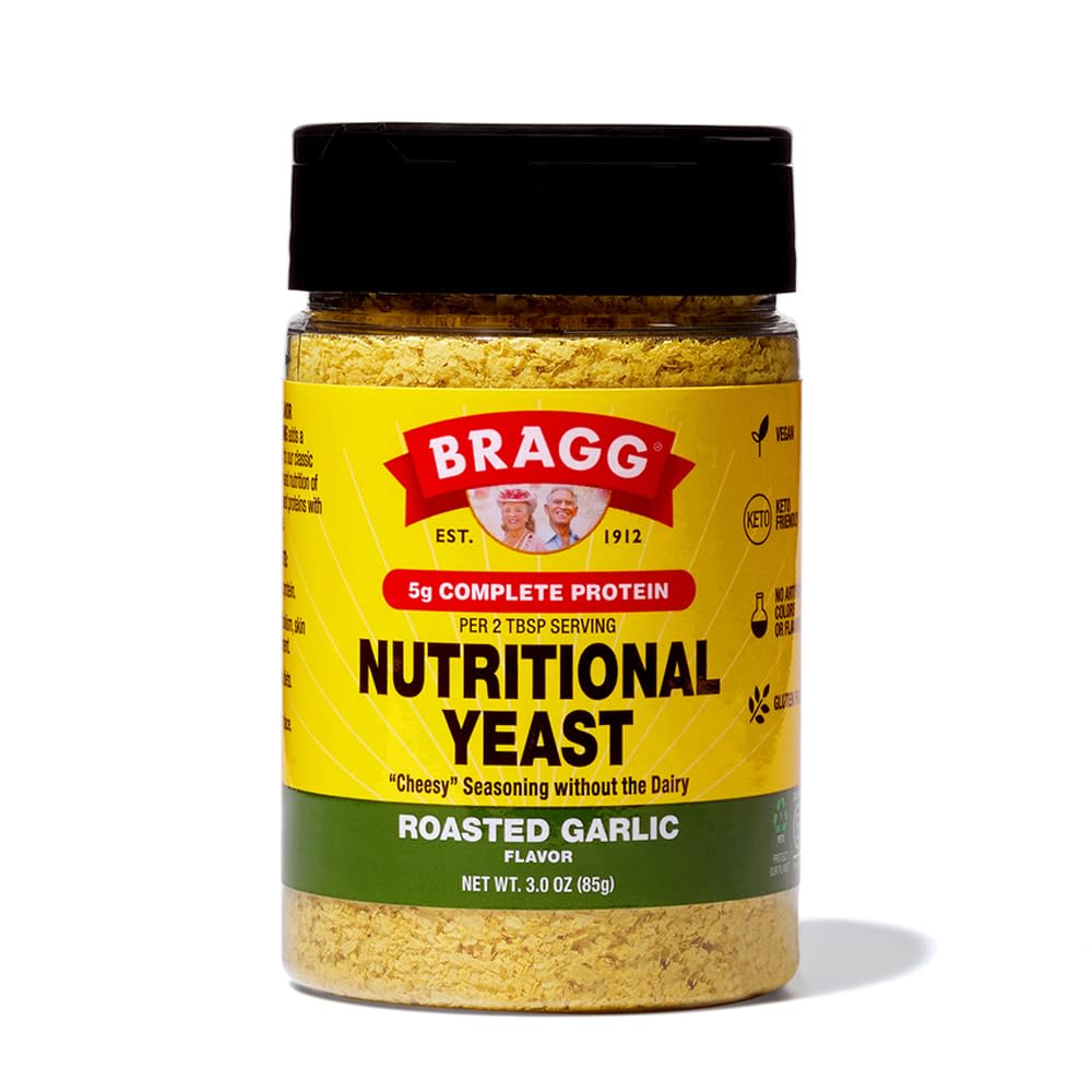 Bragg Nutritional Yeast Roasted Garlic bottle showing dairy-free parmesan substitute for meals