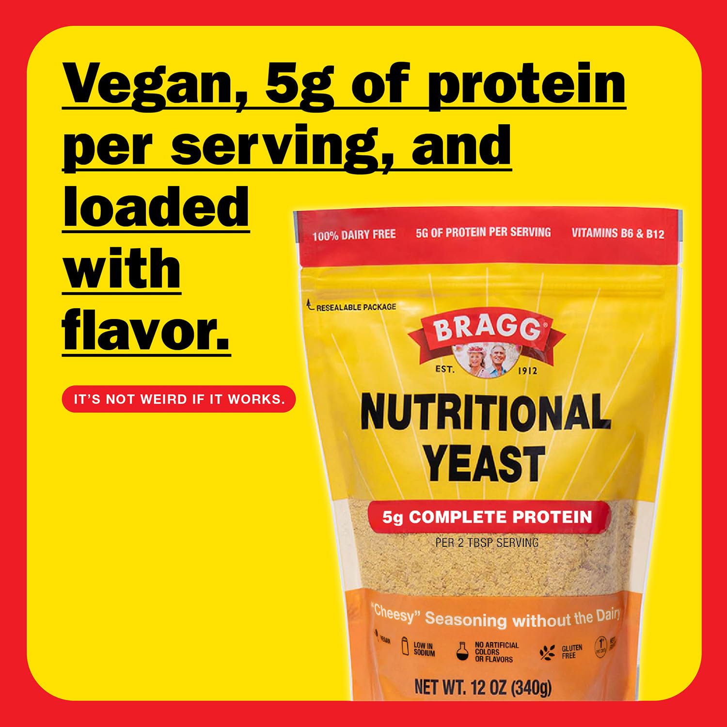 Bragg nutritional yeast dusting over steaming pasta for savory flavor.