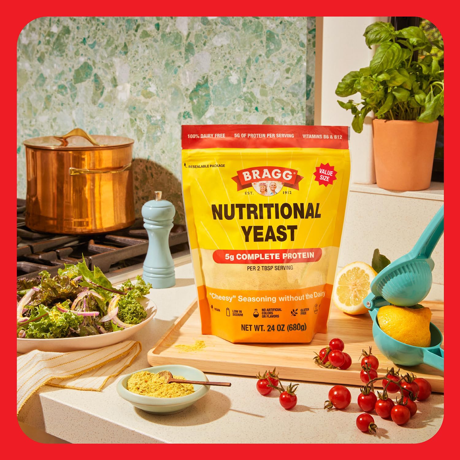 Bragg original seasoning supports vegan, gluten-free meals as a protein boost.