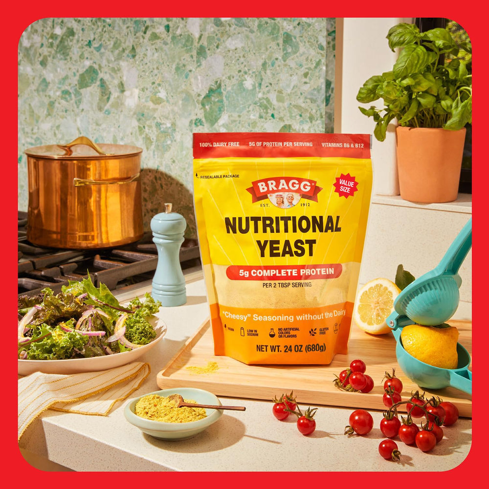 Bragg original seasoning supports vegan, gluten-free meals as a protein boost.